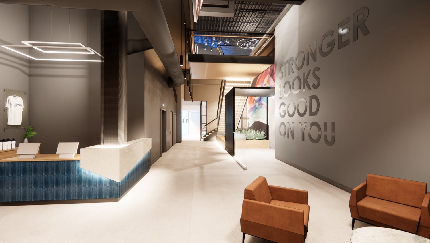 Rendering of the Port Chester entry — 'Stronger Looks Good On You' on the wall beside the staircase