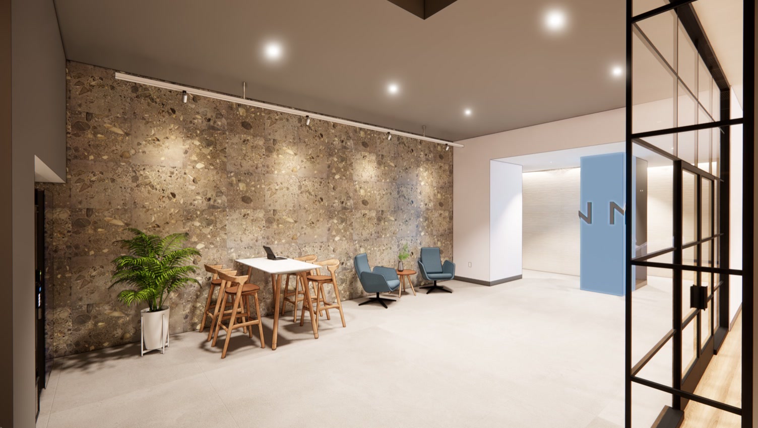Rendering of the Port Chester members' lounge — stone wall and seating