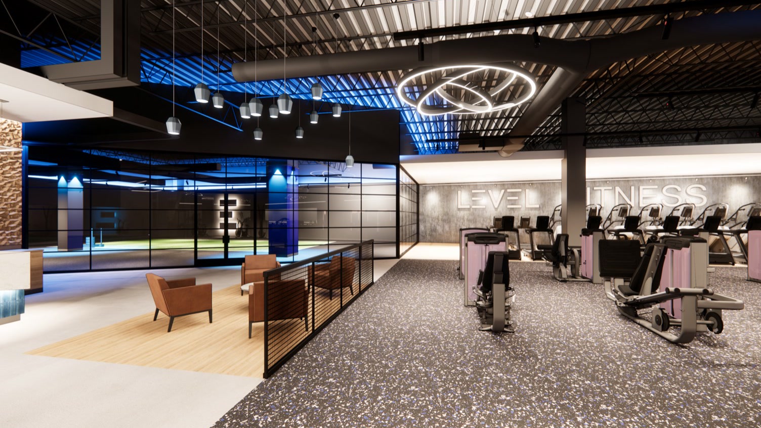 Rendering of the Port Chester main floor — cardio rows under the ring lights