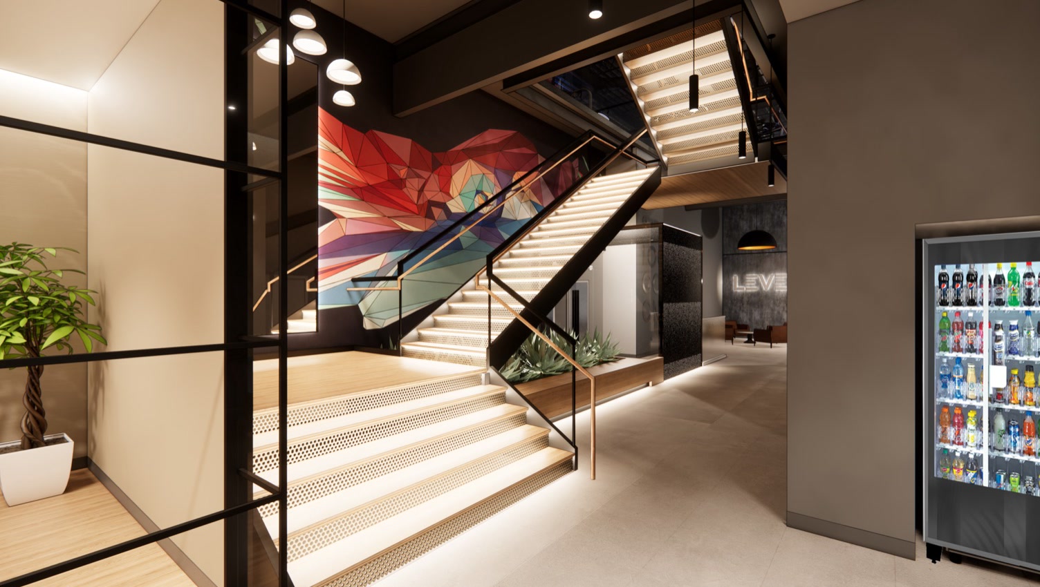 Rendering of the lit staircase under the geometric mural at Port Chester