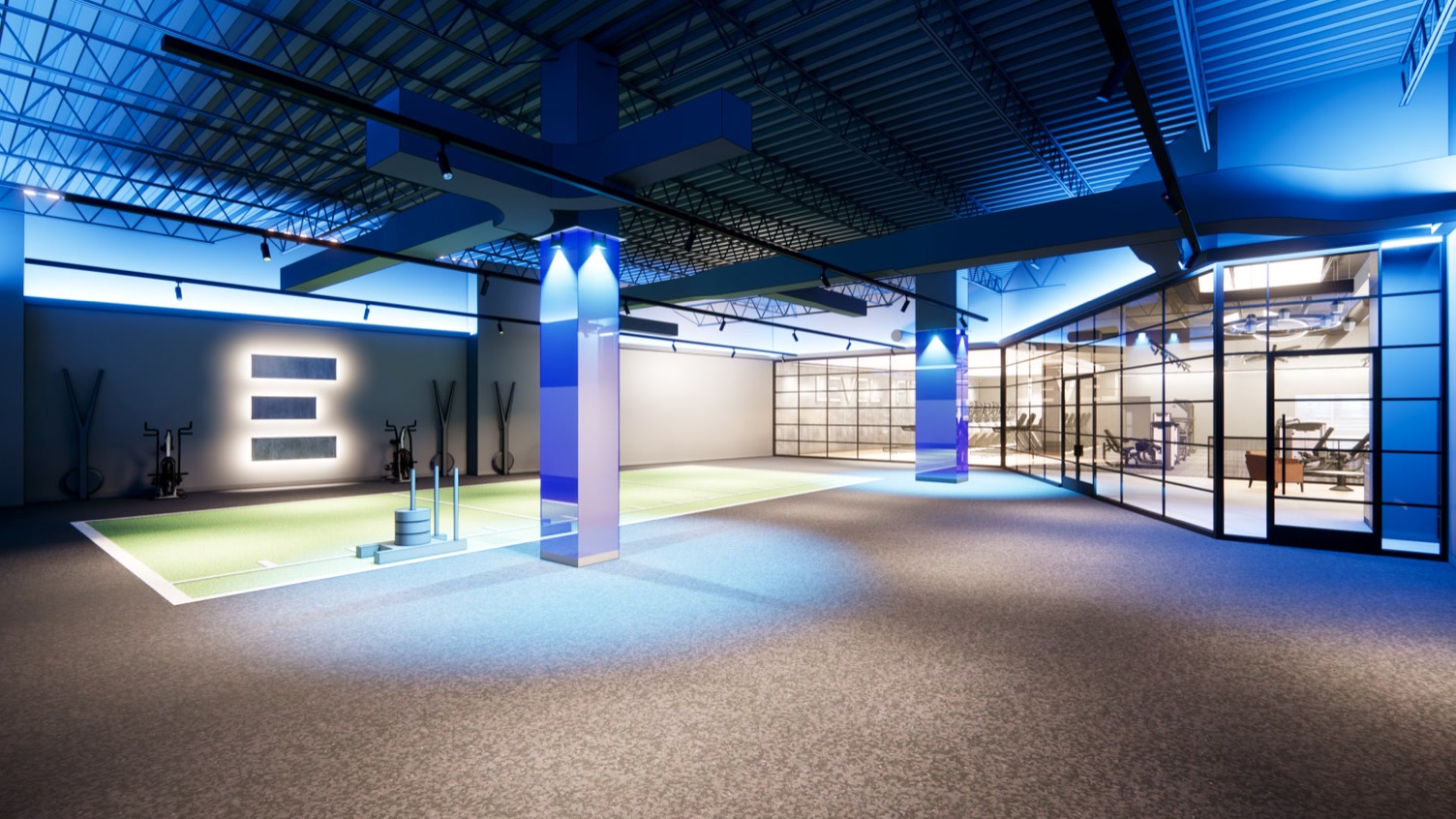 Rendering of the Port Chester performance turf room lit in blue