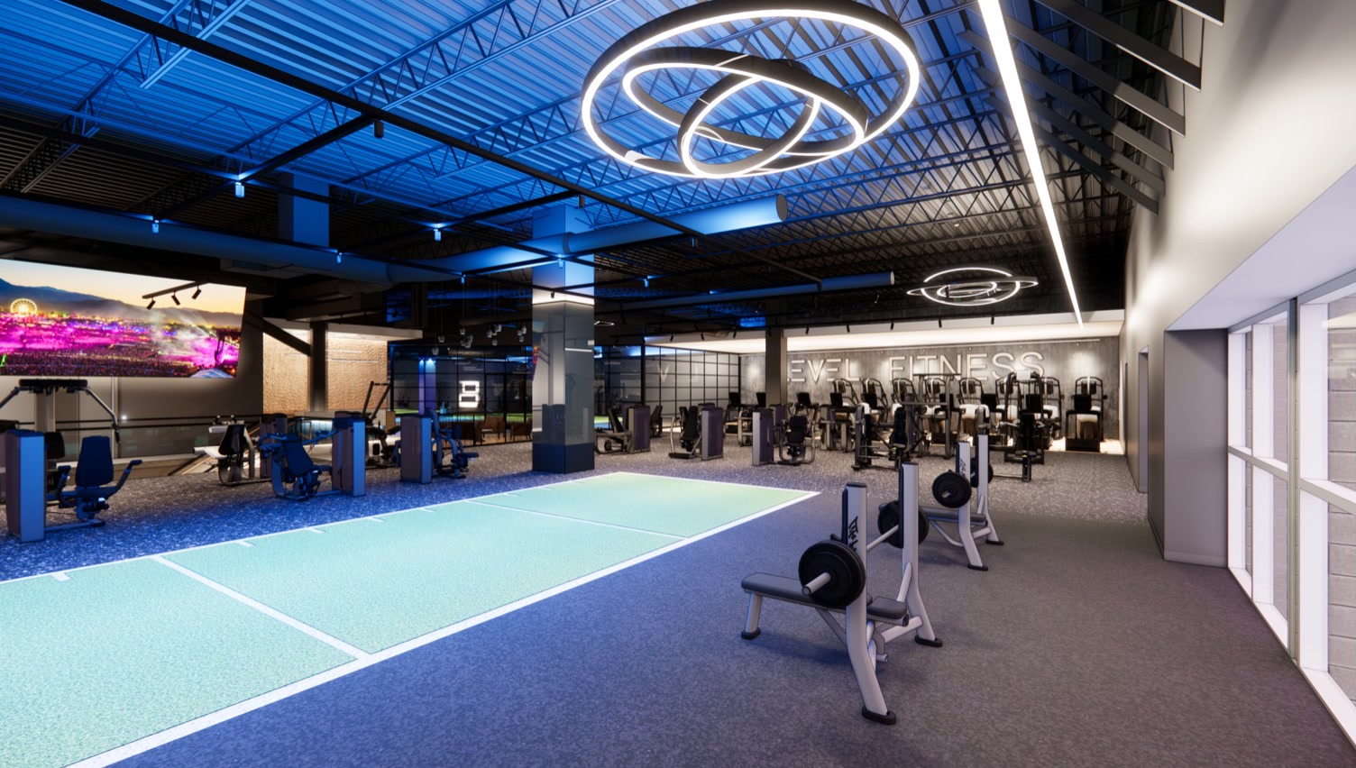 Rendering of the Port Chester upper deck — benches and turf on the mezzanine